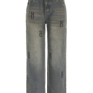 Trendy Y2K Wide Leg Denim Jeans for a Chic Grunge Aesthetic Look