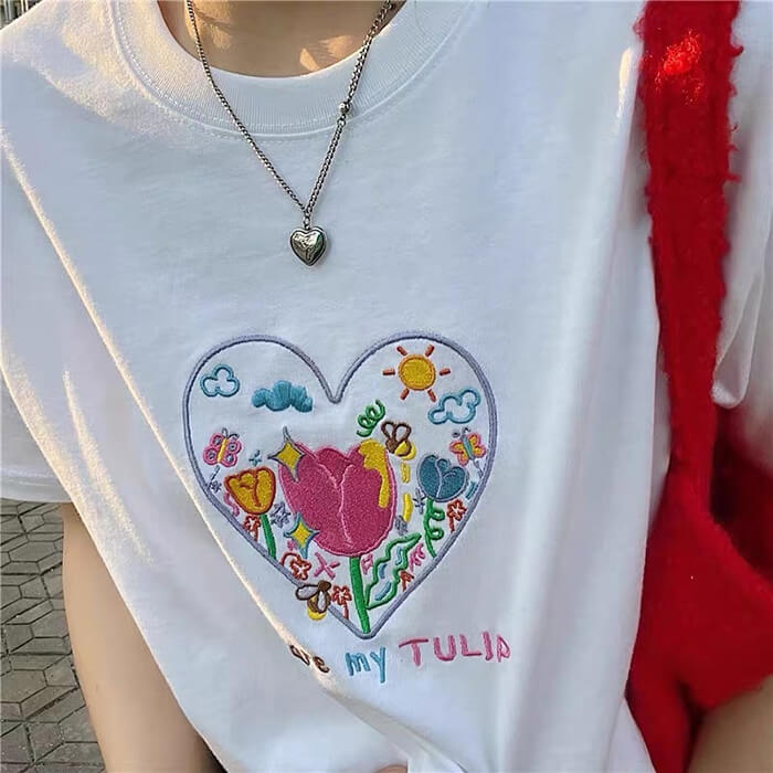 Tulip Embroidery Y2K Aesthetic T-Shirt for Cute and Comfy Outfits