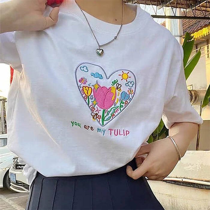 Tulip Embroidery Y2K Aesthetic T-Shirt for Cute and Comfy Outfits