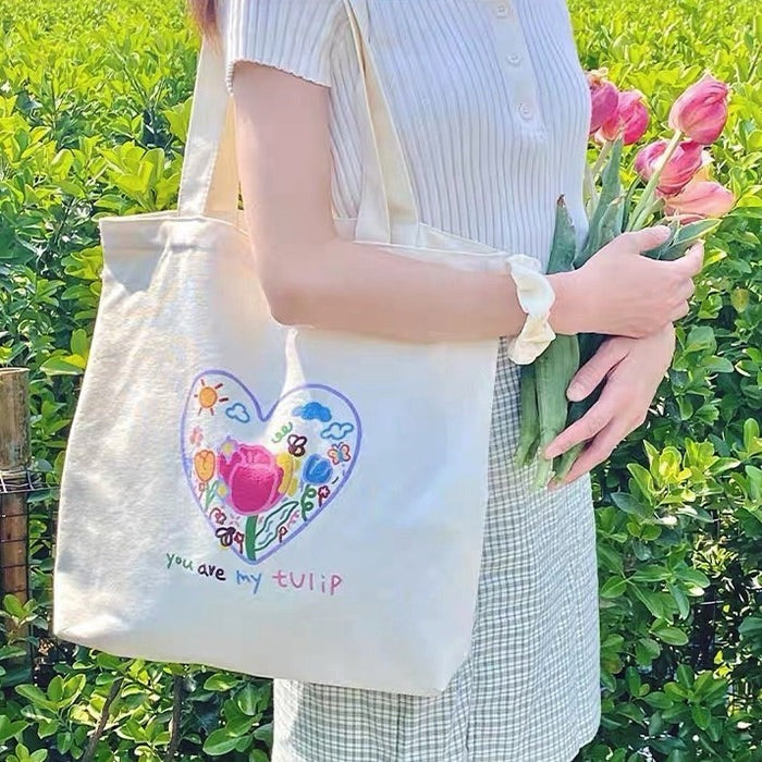 Tulip Embroidery Y2K Aesthetic Tote Bag for Cute and Stylish Outfits