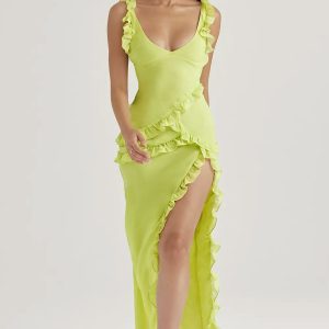 Twisty Twirl High Slit Ruffle Dress - Y2K Aesthetic Cute Dress for Stylish Outfits