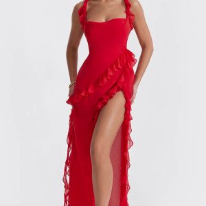 Twisty Twirl High Slit Ruffle Dress - Y2K Aesthetic Cute Dress for Stylish Outfits