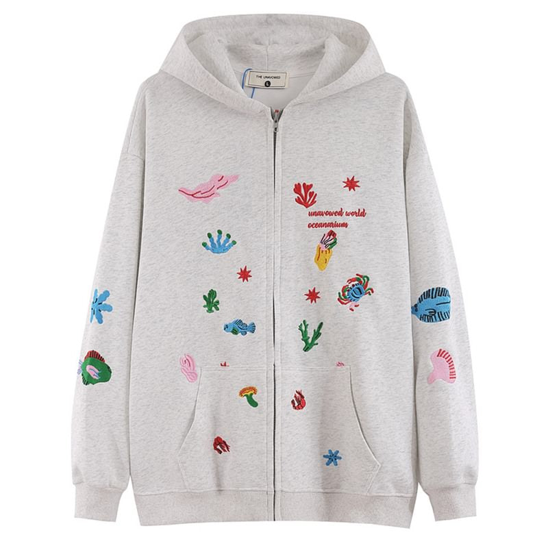 Underwater Life Embroidery Y2K Hoodie - Cute Aesthetic Top for Cozy Style