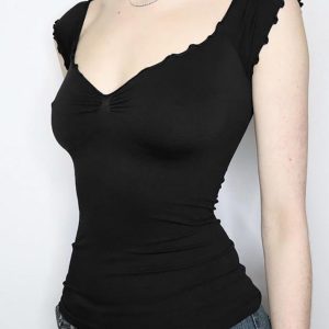 V-Neck Backless Top - Y2K Fashion Short Sleeve Cute Crop for Coquette Aesthetic Outfits