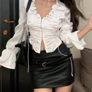 V-Neck Pleated Drawstring Long Sleeve Shirt - Y2K Aesthetic Cute Top for Stylish Outfits