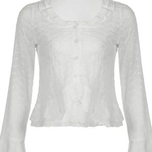 V-Neck Ruffle Sleeve Top with Irregular Hem for Y2K Fashion and Coquette Aesthetic