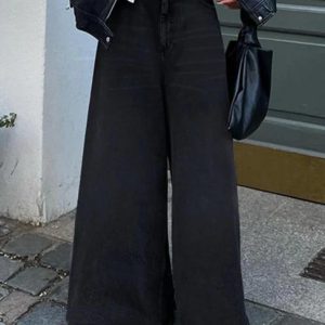 Vintage Black Wash Y2K Wide Leg Flare Boyfriend Jeans for Grunge Aesthetic Outfits