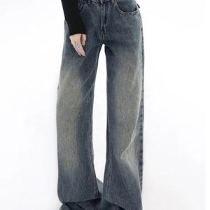 Vintage Blue Flap Detail Y2K Boyfriend Jeans for a Chic Grunge Aesthetic Look