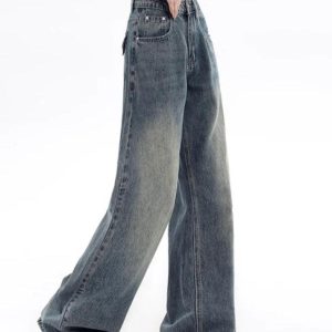 Vintage Blue Flap Detail Y2K Boyfriend Jeans for a Chic Grunge Aesthetic Look