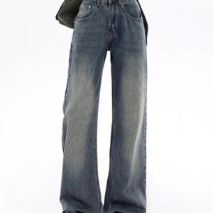 Vintage Blue Flap Detail Y2K Boyfriend Jeans for a Chic Grunge Aesthetic Look