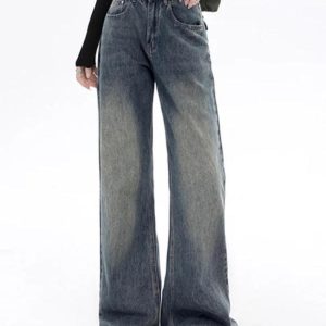 Vintage Blue Flap Detail Y2K Boyfriend Jeans for a Chic Grunge Aesthetic Look