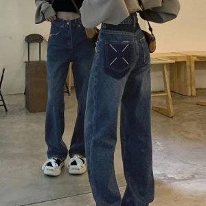 Vintage Blue Print Y2K Boyfriend Jeans for a Trendy Grunge Aesthetic Look