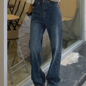 Vintage Blue Print Y2K Boyfriend Jeans for a Trendy Grunge Aesthetic Look