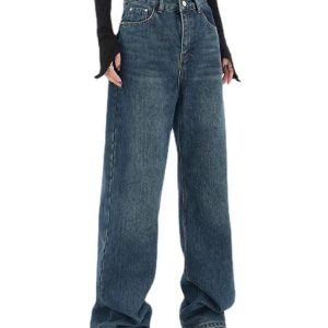 Vintage Blue Y2K Boyfriend Jeans with Button Back - Trendy Grunge Aesthetic Style