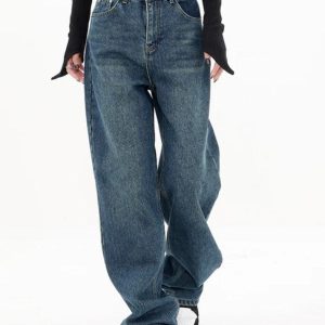 Vintage Blue Y2K Boyfriend Jeans with Button Back - Trendy Grunge Aesthetic Style