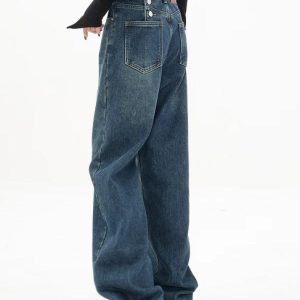 Vintage Blue Y2K Boyfriend Jeans with Button Back - Trendy Grunge Aesthetic Style