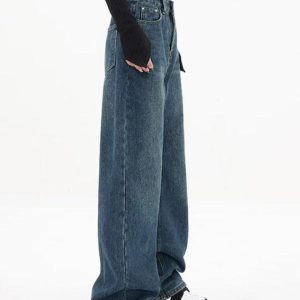 Vintage Blue Y2K Boyfriend Jeans with Button Back - Trendy Grunge Aesthetic Style