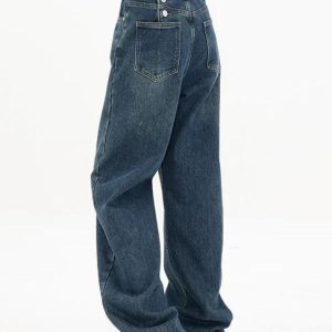 Vintage Blue Y2K Boyfriend Jeans with Button Back - Trendy Grunge Aesthetic Style