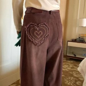 Vintage Brown Heart Patch Embroidery Y2K Boyfriend Jeans for a Cute Coquette Aesthetic