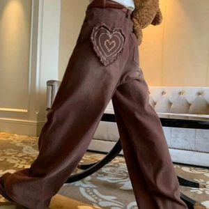 Vintage Brown Heart Patch Embroidery Y2K Boyfriend Jeans for a Cute Coquette Aesthetic