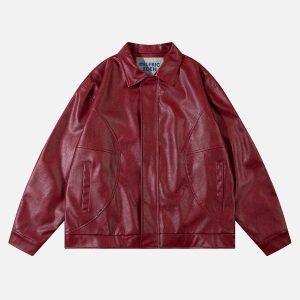 Vintage Burgundy Y2K Aesthetic Faux Leather Jacket for Chic Coquette Style