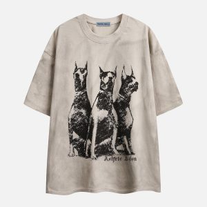 Vintage Doberman Print Washed Tee - Y2K Aesthetic Graphic Top for Trendy Outfits