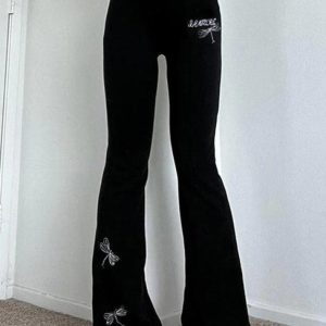 Vintage Dragonfly Embroidery Y2K Flare Leg Pants for Aesthetic Outfits