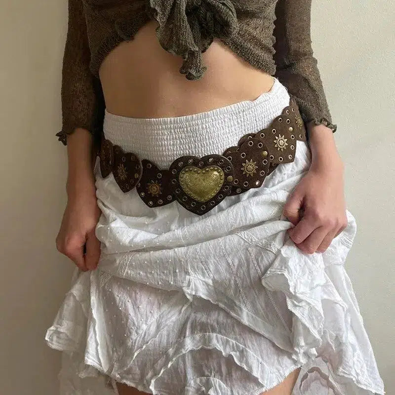 Vintage Ethnic Heart Suede Waist Belt for Y2K Aesthetic and Coquette Style Outfits