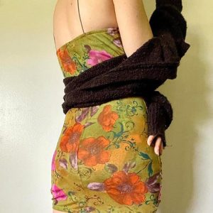 Vintage Floral Print One-Shoulder Pleated Halter Dress for Y2K Aesthetic Outfits