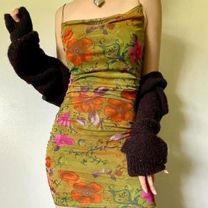 Vintage Floral Print One-Shoulder Pleated Halter Dress for Y2K Aesthetic Outfits