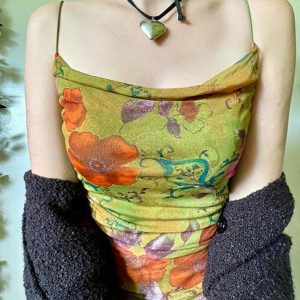 Vintage Floral Print One-Shoulder Pleated Halter Dress for Y2K Aesthetic Outfits