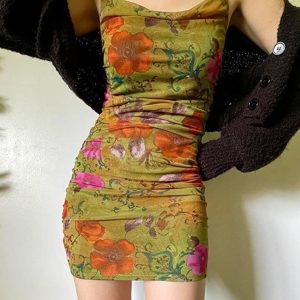 Vintage Floral Print One-Shoulder Pleated Halter Dress for Y2K Aesthetic Outfits