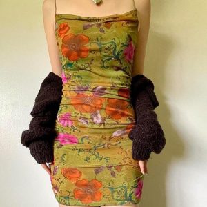 Vintage Floral Print One-Shoulder Pleated Halter Dress for Y2K Aesthetic Outfits