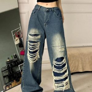 Vintage High Rise Ripped Jeans for Y2K Aesthetic and Grunge Style Outfits