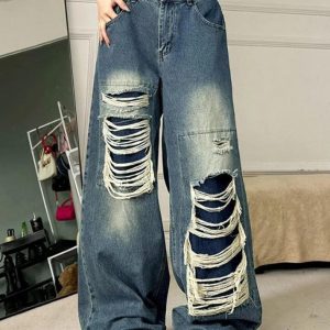 Vintage High Rise Ripped Jeans for Y2K Aesthetic and Grunge Style Outfits