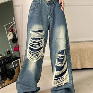 Vintage High Rise Ripped Jeans for Y2K Aesthetic and Grunge Style Outfits