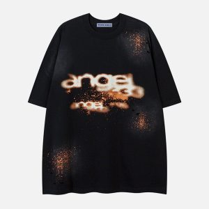 Vintage-Inspired Burning Letter Washed Tee - Y2K Aesthetic Graphic Top for Trendy Looks