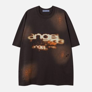 Vintage-Inspired Burning Letter Washed Tee - Y2K Aesthetic Graphic Top for Trendy Looks