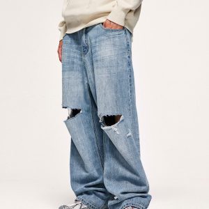 Vintage-Inspired Loose Ripped Jeans for Y2K Aesthetic and Grunge Style Outfits