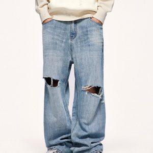 Vintage-Inspired Loose Ripped Jeans for Y2K Aesthetic and Grunge Style Outfits