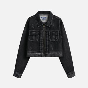 Vintage-Inspired Wrinkle Washed Denim Jacket for Y2K Aesthetic Outfits