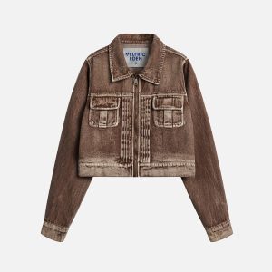 Vintage-Inspired Wrinkle Washed Denim Jacket for Y2K Aesthetic Outfits