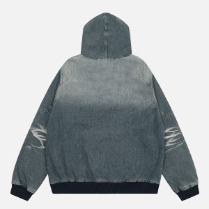 Vintage-Inspired Y2K Washed Denim Hoodie for Cozy Aesthetic Outfits