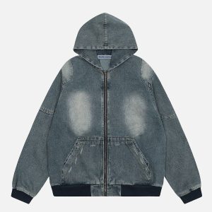 Vintage-Inspired Y2K Washed Denim Hoodie for Cozy Aesthetic Outfits