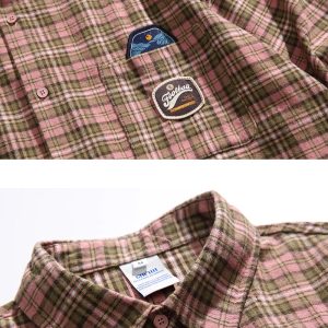 Vintage Loose Plaid Shirt with Badges - Y2K Aesthetic Grunge Style Top for Trendy Outfits