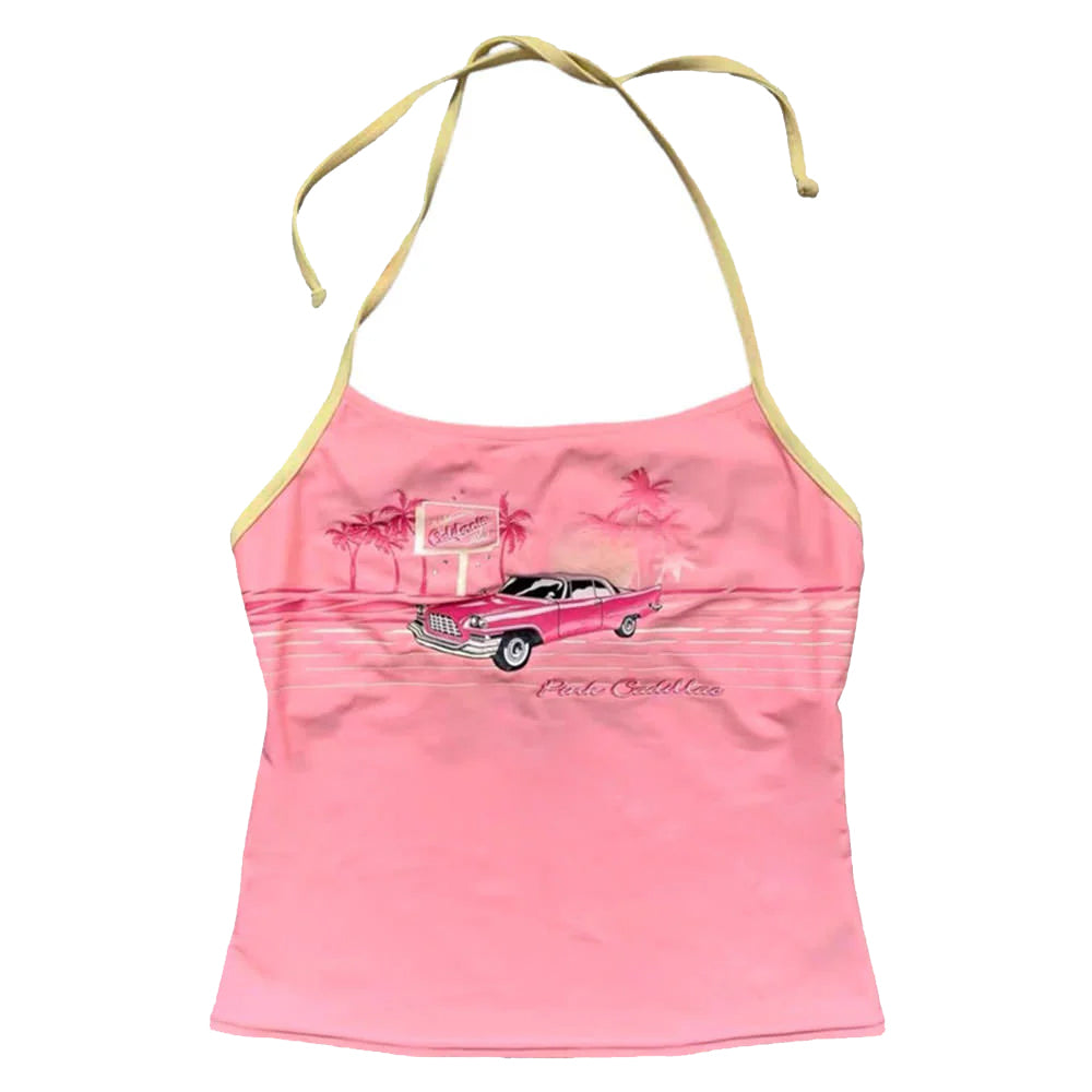 Vintage Pink Car Y2K Halter Top - Cute Y2K Fashion for Coquette Aesthetic Outfits