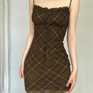 Vintage Plaid Mesh Halter Dress with Drawstring Tie for Y2K Aesthetic Style