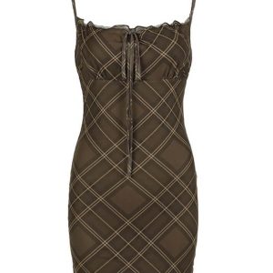 Vintage Plaid Mesh Halter Dress with Drawstring Tie for Y2K Aesthetic Style