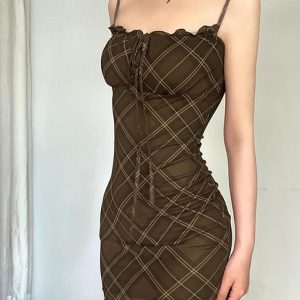 Vintage Plaid Mesh Halter Dress with Drawstring Tie for Y2K Aesthetic Style