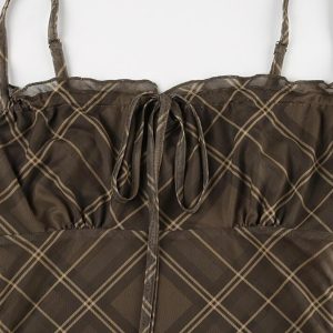 Vintage Plaid Mesh Halter Dress with Drawstring Tie for Y2K Aesthetic Style